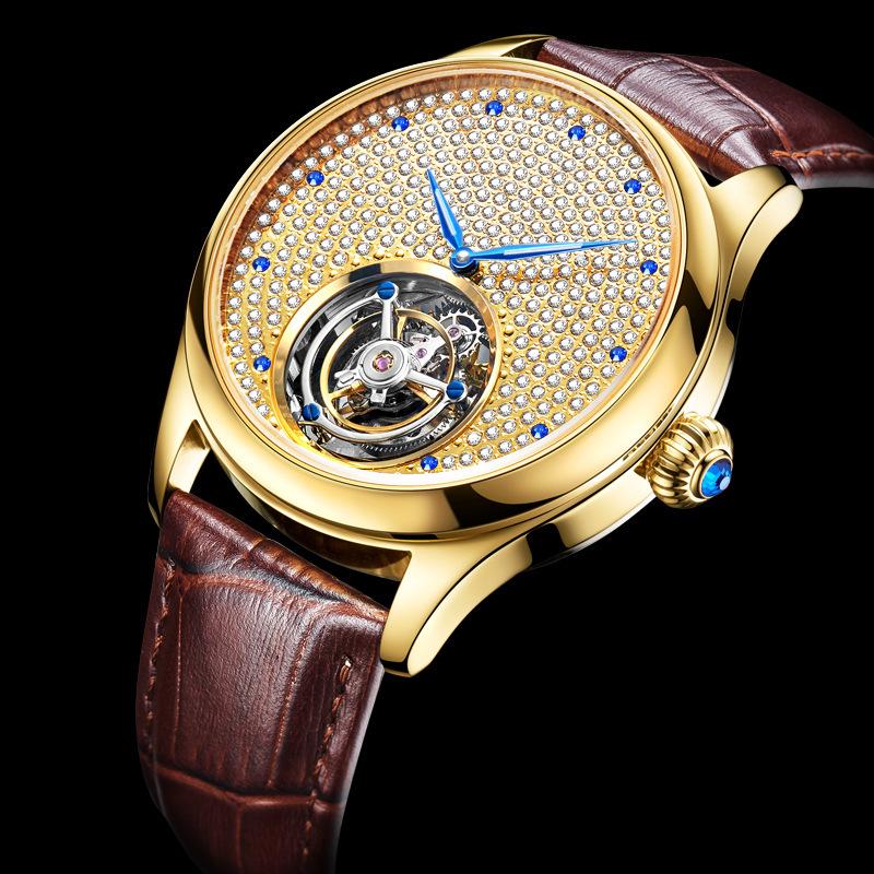 Men's Swiss Movement Waterproof Mechanical Watch with Diamond-Set Skeleton Design and Leather Strap