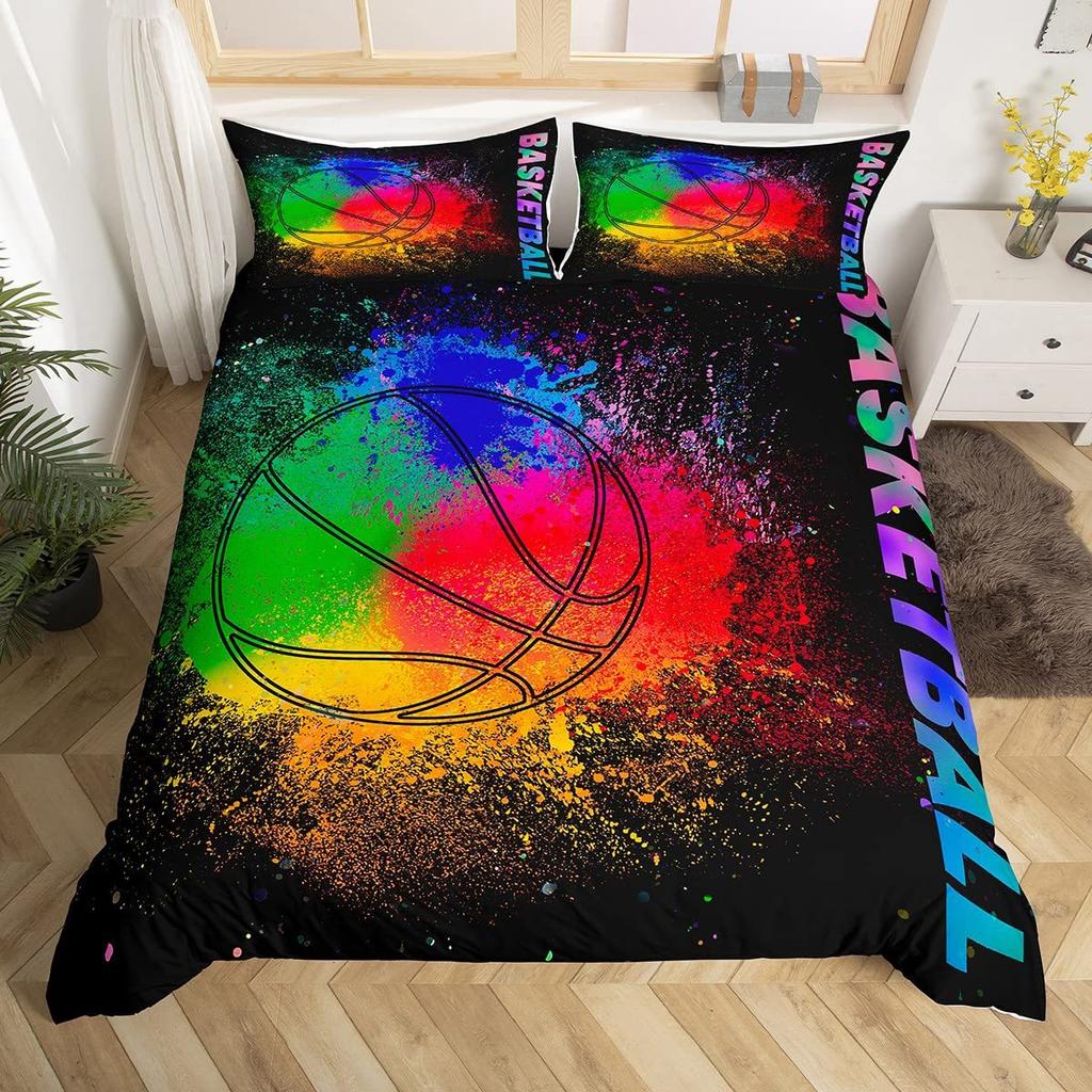 Basketball Comforter Cover Queen Size Sport Dunk Basketball Duvet Covers For Kids Teens, Black Ball Print Bedding Set All Season
