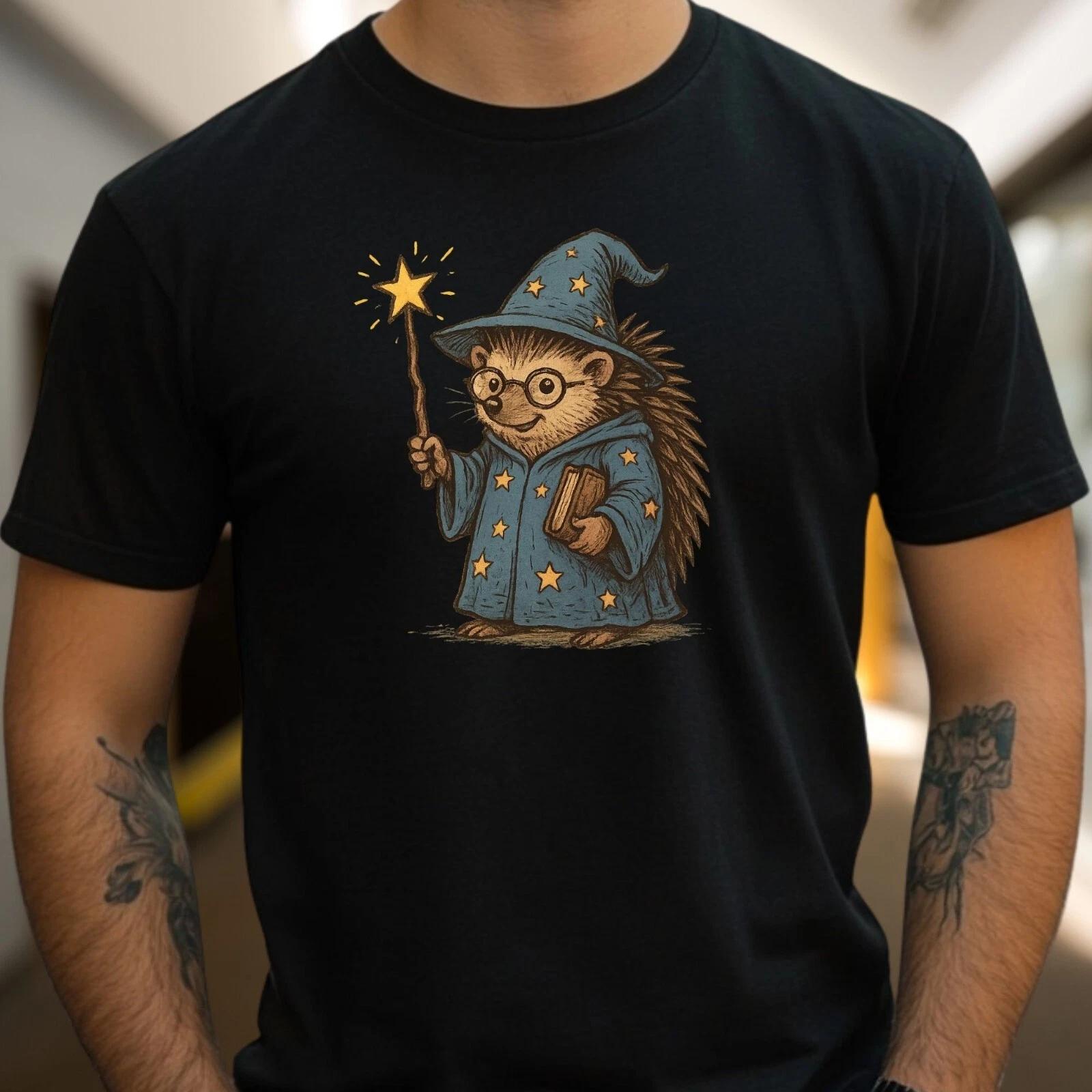 Mens Hedgehog Wizard Motif Cotton 100% Cotton T-shirt Mens Tees Top Size S to 5XL- M