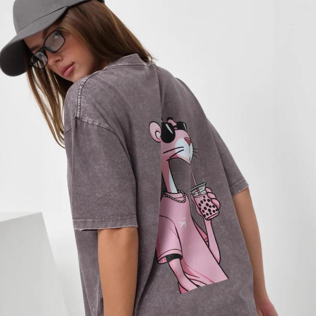 Damen Crew Neck Kurzarm T-Shirt Vintage Gewaschen Cartoon Rosa Panther Druck Locker Oversized Lässiges Tee Top