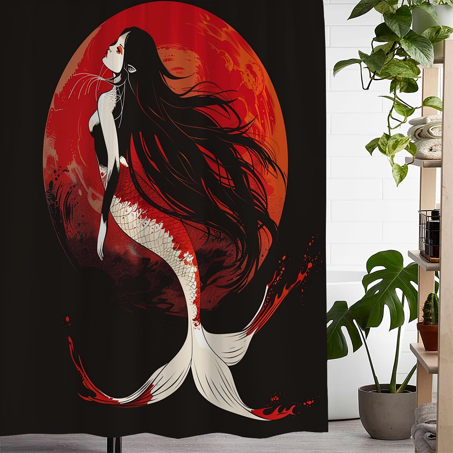 

One Halloween Vintage Black Mermaid Print Shower Curtain, Includes 12 Hooks - Curtain For Windows W60H190(CM)-1 Pcs