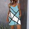 Womens Sleeveless Spaghetti Strap Romper Geometric Splicing Print Pocket Short Jumpsuit