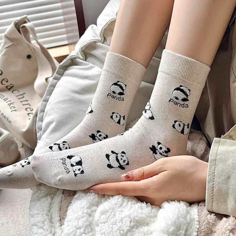 Trendy Socks, Women's Plush Panda Socks, Cute and Versatile Mid-calf Socks, Boneless Cotton Socks, Sweet School Style, Pile Pile Socks
