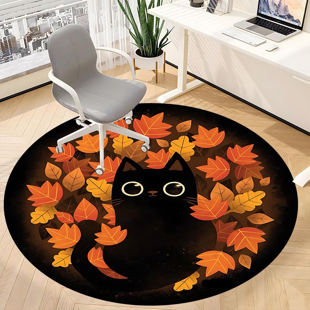 1pc Autumn Cat Office Round Area Rug, Indoor Mat Suitable For Office, Under Office Chairs Bedroom Living Room Home Decor, Room Deco
