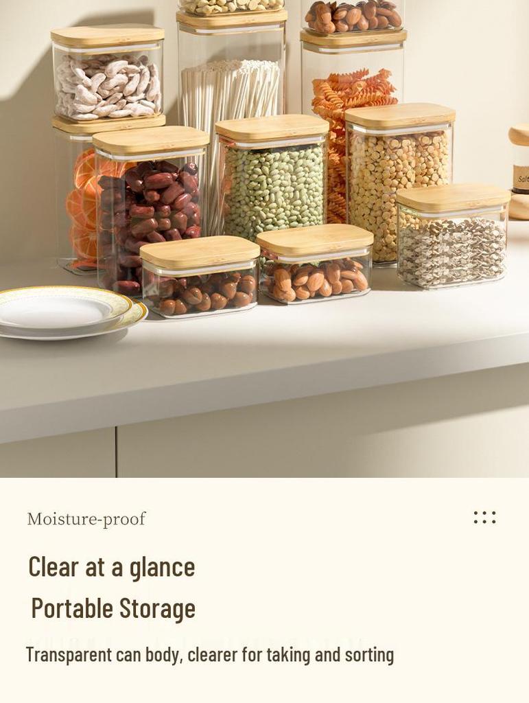 Transparent Plastic Food Jar with Bamboo Lid for Kitchen Storage