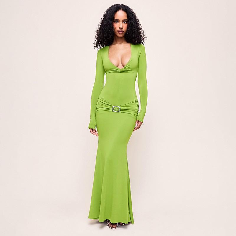 2026 Fall Womens Slim Fit Bodycon Dress Solid Color Deep V Neck Long Sleeve Metal Decor Party Cocktail