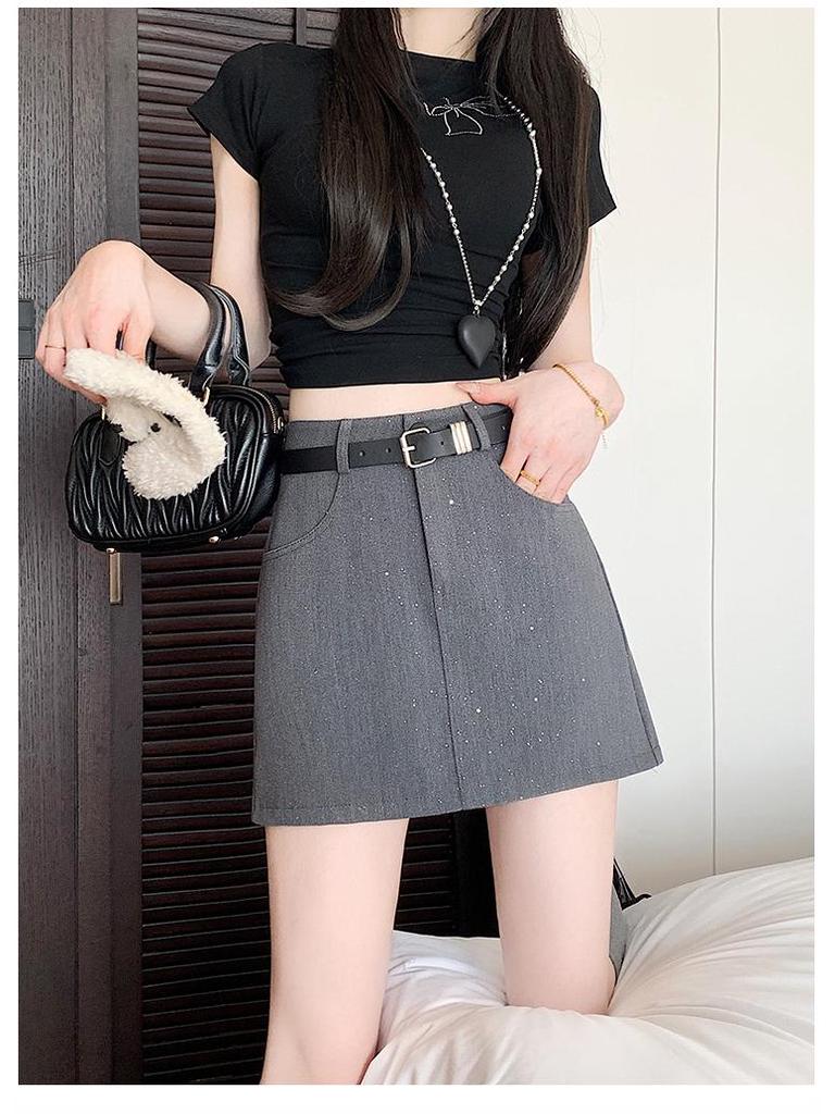 2025 Frühling/Sommer Damen High Waist Grau A-Linien Anzugrock mit schlankmachenden Sicherheits-Shorts