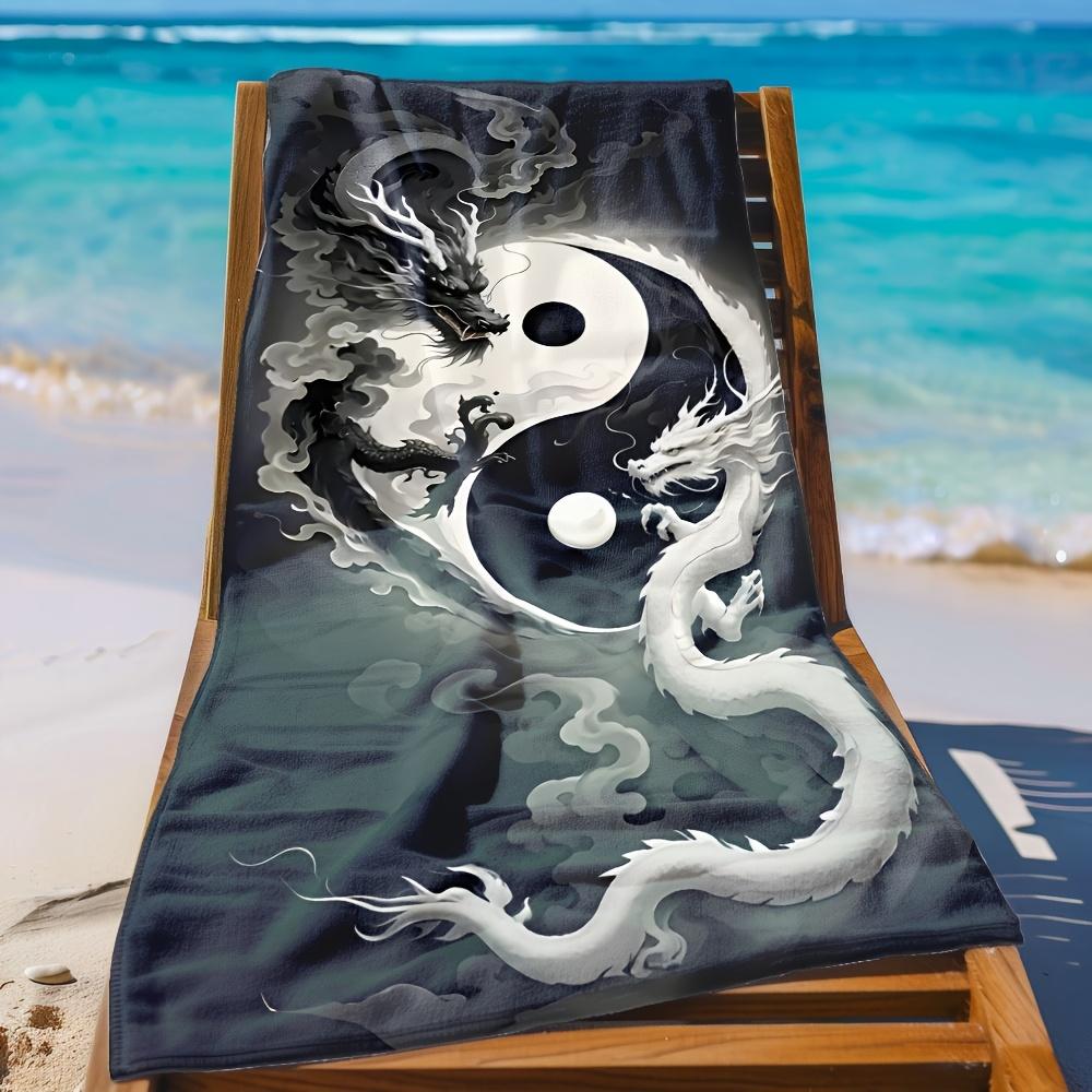 1PC Toalla de Playa Yin Yang Dragón Blanco y Negro Poliéster, Toalla de Viaje Suave de Secado Rápido para Hombres Mujeres, Ligera para Natación Bea