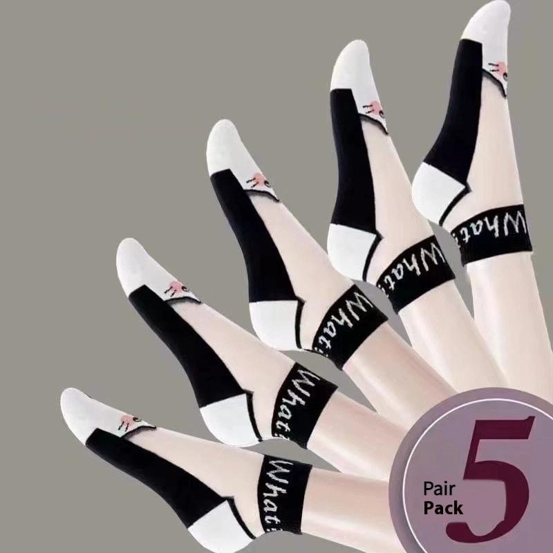 5Pairs/Lot Summer Socks Black And White Cat Glass Silk Breathable Female Socks Simple Short Socks