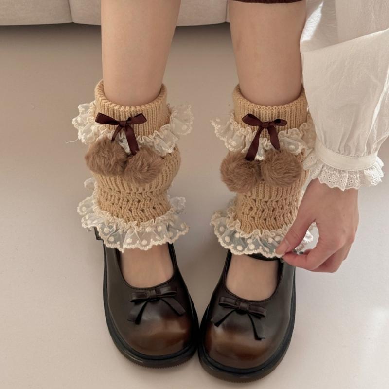 Fashionable Plush Balls Bows Adorned Leg Warmers with Lace Detail for Women's Hollowout Knitted Short Leg Covers Sleeves