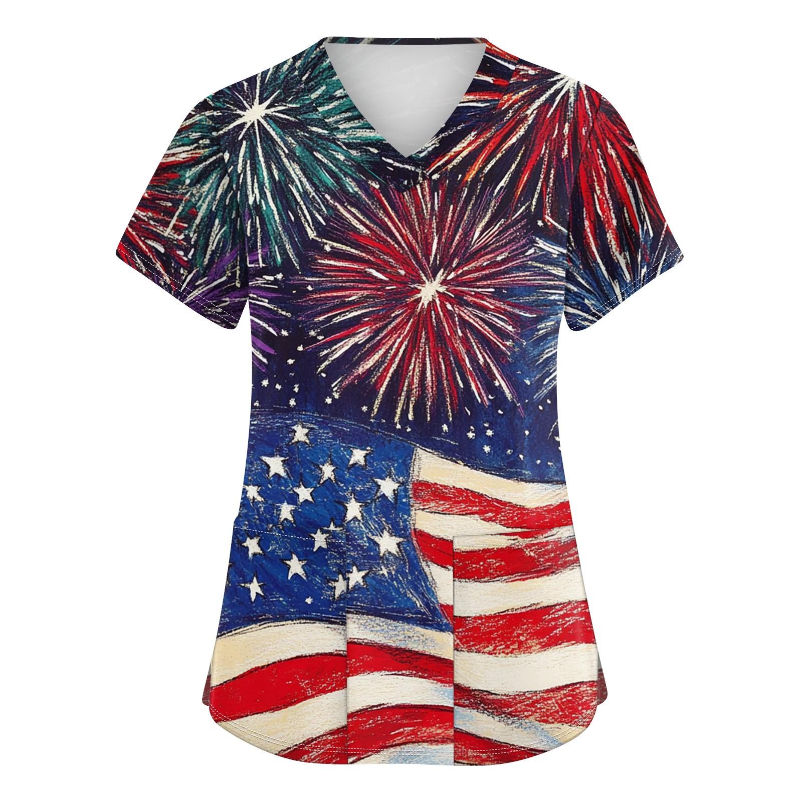 

Женская мода V-образный вырез короткий рукав рабочая одежда с карманами День независимости принтованные топы XL винный