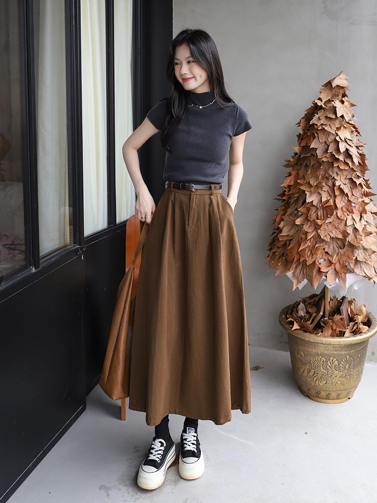 Versatile Washed Cotton Midi Skirt - High Waist, Solid Color, Double Pockets, Slimming A-line for Women, Early Autumn.