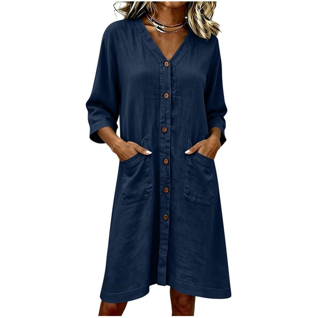 Women Loose Fit Linen Cotton V Neck Button Front Casual Seven Sleeve Dress with Pockets Relaxed Style
