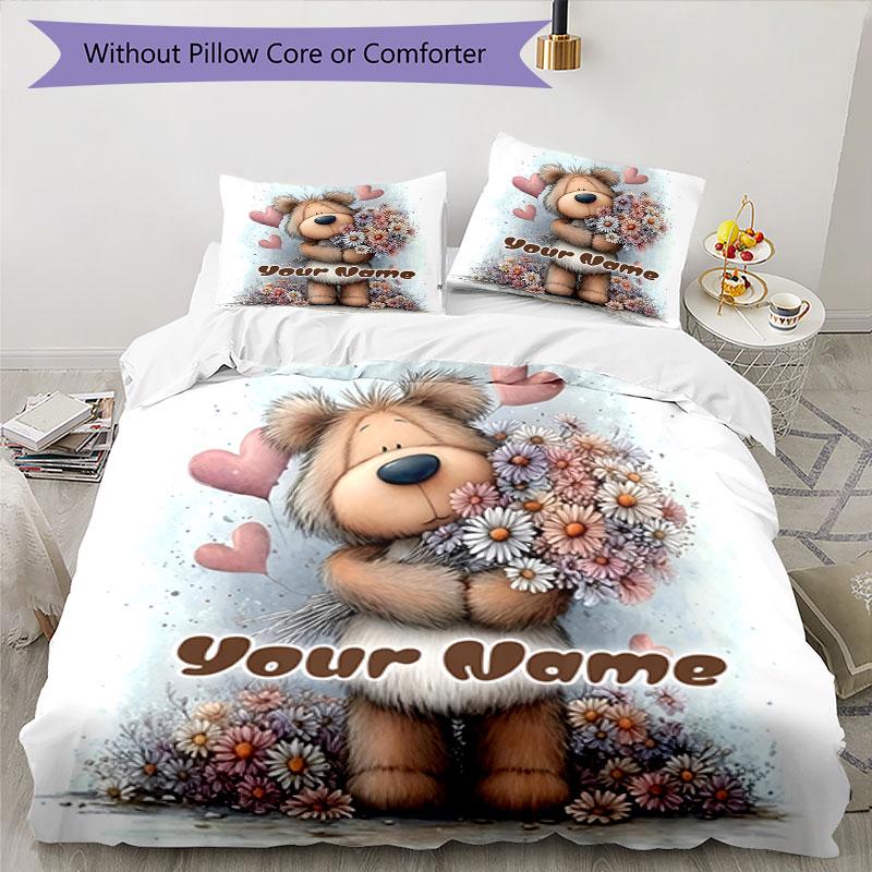 3PC Custom Name Love Bear Flowers Heart Bedding Set Printed Bedding Set Duvet Cover Closure Includes 1 Duvet Cover & 2 Pillowcases for All Seasons Bed