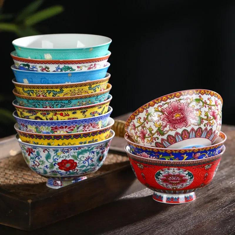 New Chinese Style Ceramic Bowl Enamel Colored Rice Bowl Kitchen Dish Set Bone Porcelain Household Bowl salad bowl set