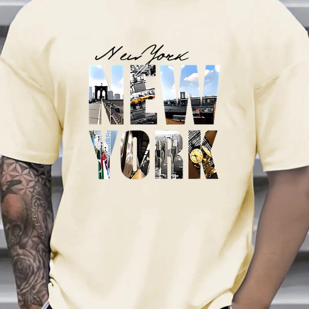 Mens Summer Cotton Fashion Casual Loose New York Pattern Print Sports Round Neck Shortsleeved Tshirt Top Casual Comfortable