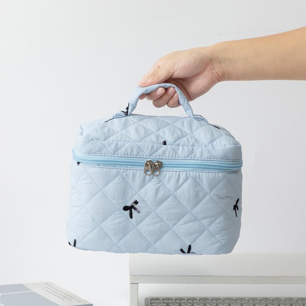 Cute Large Quilted Makeup Bag Embroidered Bow Travel Handheld Cosmetic Bag Coquette Aesthetic Toiletry Bag for Women Girls