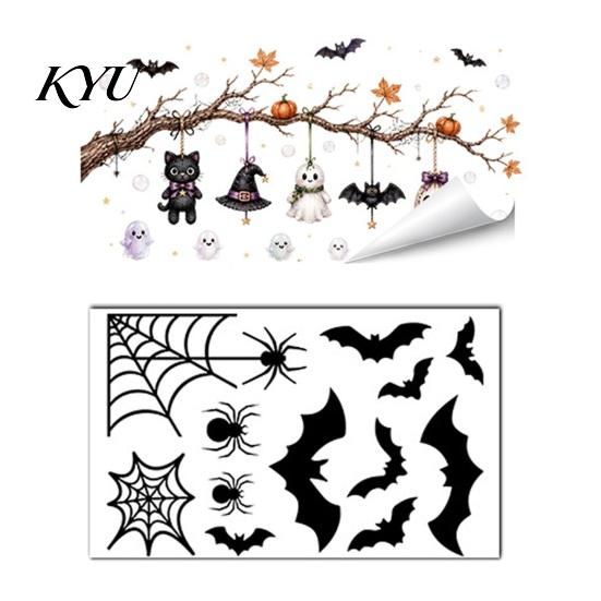 Spooky Glass Clings for Home 2 Sheets Halloween Window Stickers, Bat Spider Web Static Cling Decals, Ghost Pumpkin Stickers Waterproof Doors Windows,