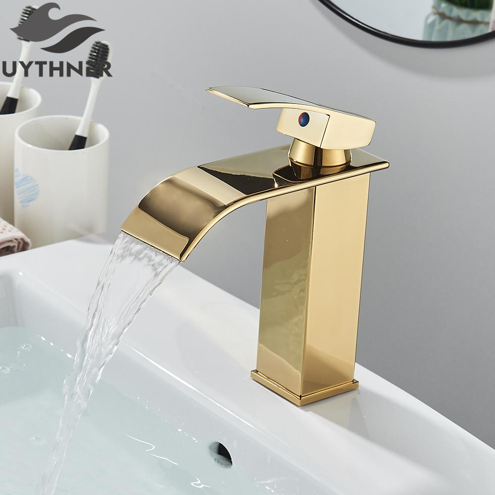 Brushed Golden Basin Faucets Elegant Waterfall Bathroom Sink Faucet Single Lever Hole Deck Mount Brass Mixer Taps