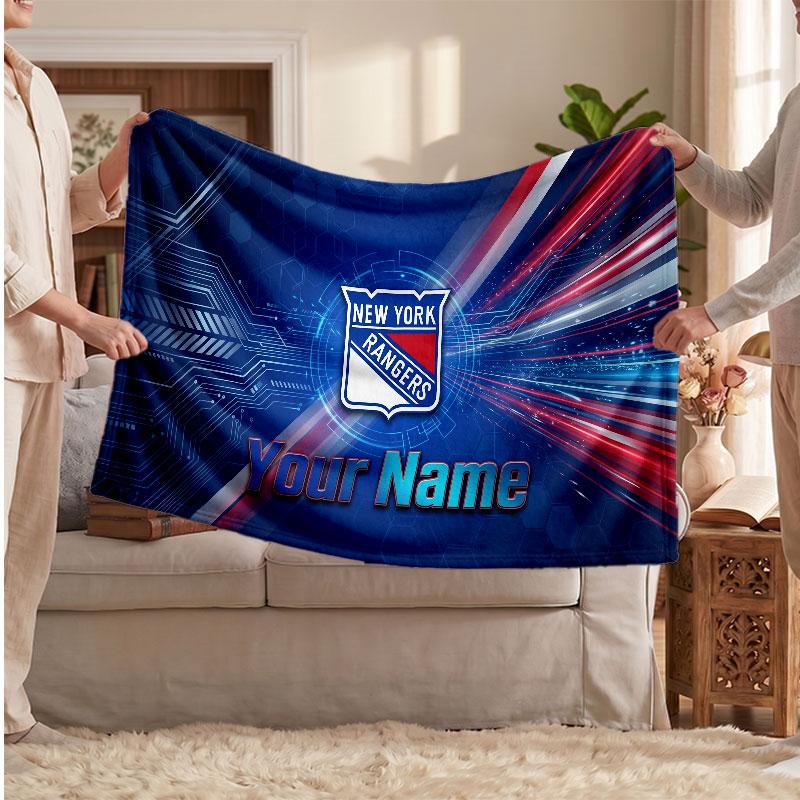 New York Rangers Flannel Blanket, Custom Name Text Personalized Soft Throw Blanket Home Decor Gift