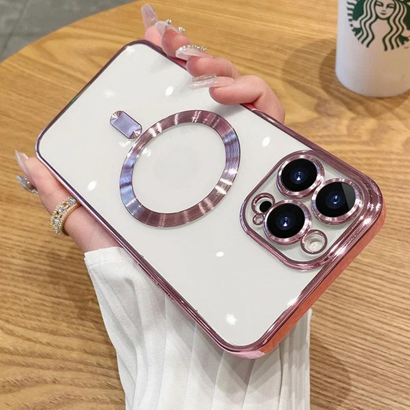 Clear Soft Silicone Protection Case For Magsafe For iPhone 16 15 14 Plus 13 12 11 Pro Max Plating Wireless Magnetic Charge Cover