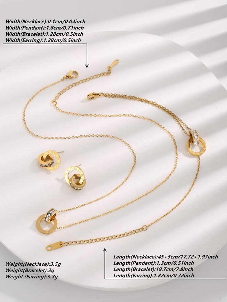 Stainless Steel 18K Gold Plated Interlocking Circles Infinity Style Roman Numbers Collar Necklace Bracelet Earring Jewelry Set