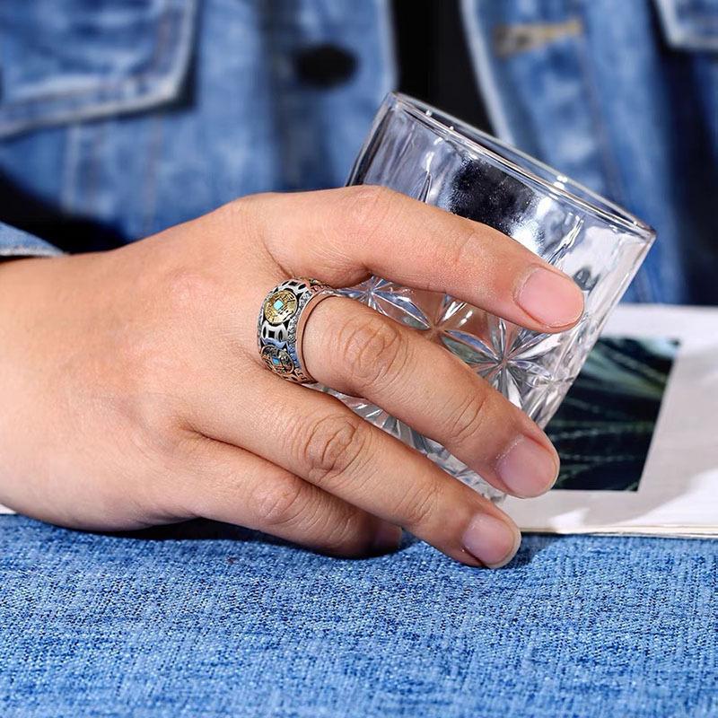 Men's Retro Five Emperors Rotating Coin Ring - Chinese Style Ethnic Open Index Finger Ring