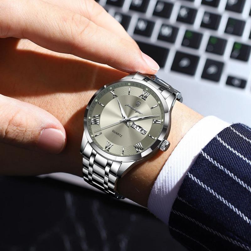 POEDAGAR Luxury Fashion Men Clock Waterproof Luminous Week Date Sports Wristwatch Stainless Steel Quartz Watches Reloj