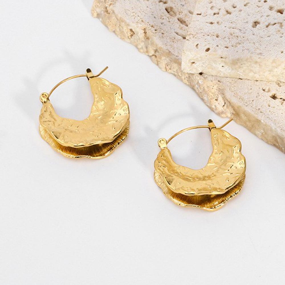 European and American Ins Niche Stainless Steel Hammer Pattern Leaf Pattern Pendant Earrings Ear Buckle Plated 18k Gold Pleated Design Earrings