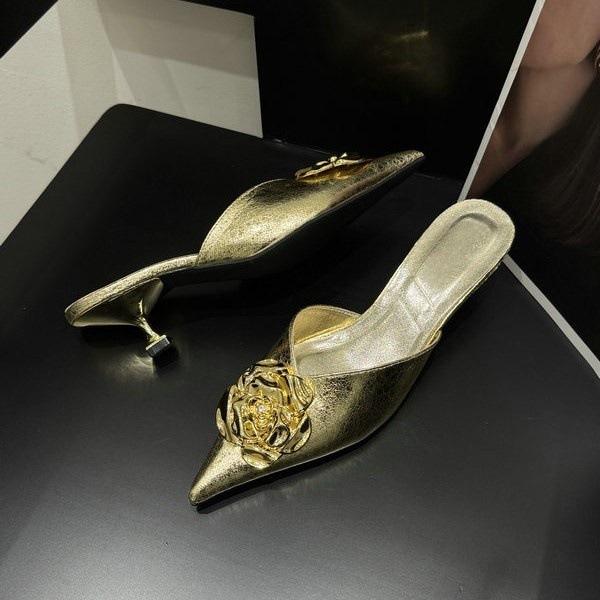 Spring Women'S Shoes Fashion Style Metal Camellia Pointed Head Thin Heel High Heel Bag Head Half Slippers Women'S Shoes