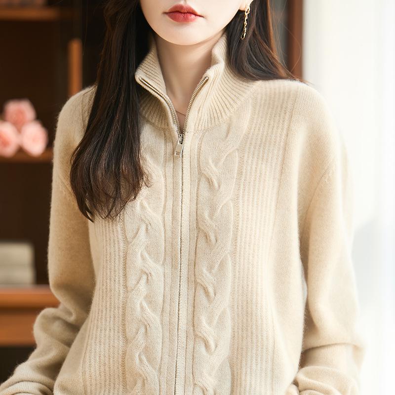 Thick Cable Knit 100% Pure Wool Zipper Cardigan with Stand Collar – Korean Style for Autumn & Winter