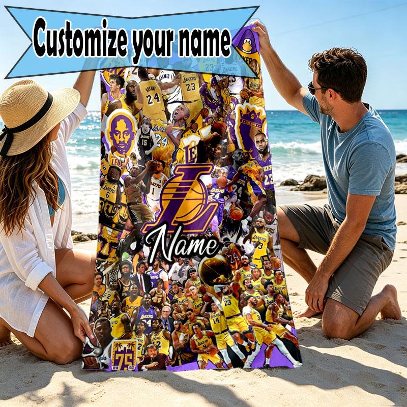 Custom Name Personalized Los Angeles Lakers basketball Print Beach Towel, for Trip Camping Beach Party Home Decor, Birthday Gift for Family & Friends