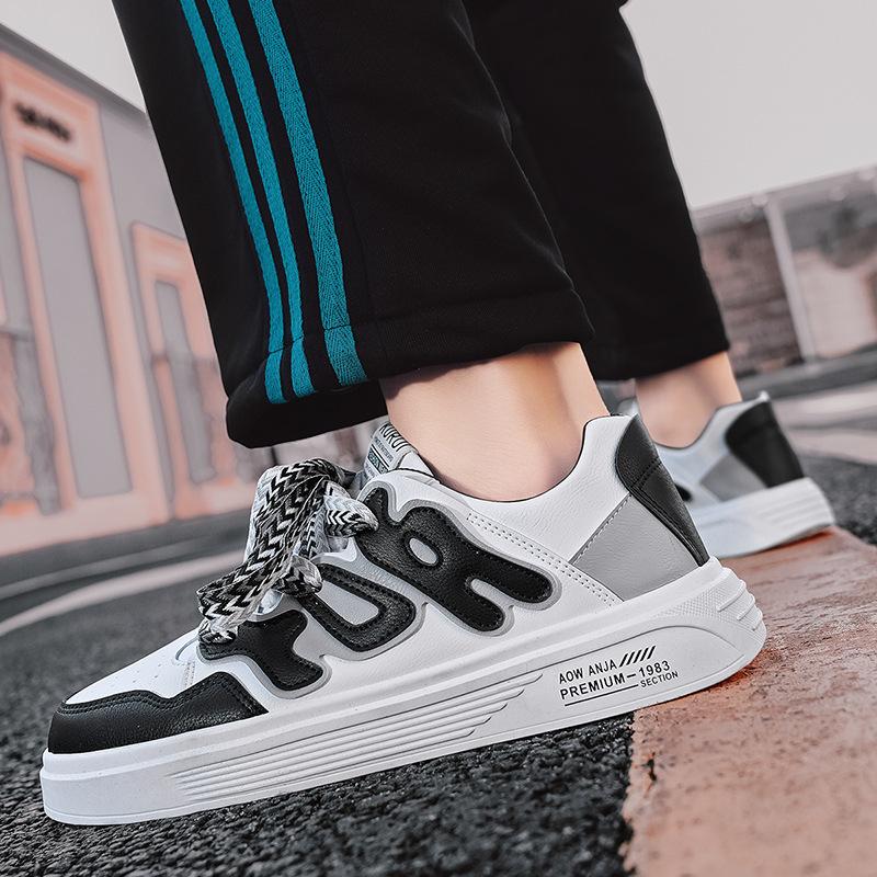 Sports Leather Surface Contrasting Color Breathable Flat Men'S Shoes Low-Top Lace-Up Daily Leisure Work Board Shoes
