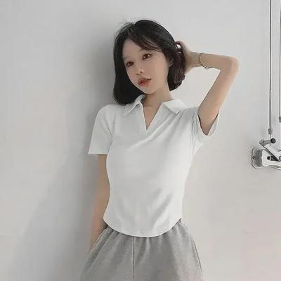 White V-Neck Short-Sleeve Slim Polo Top - Summer Hot Trend