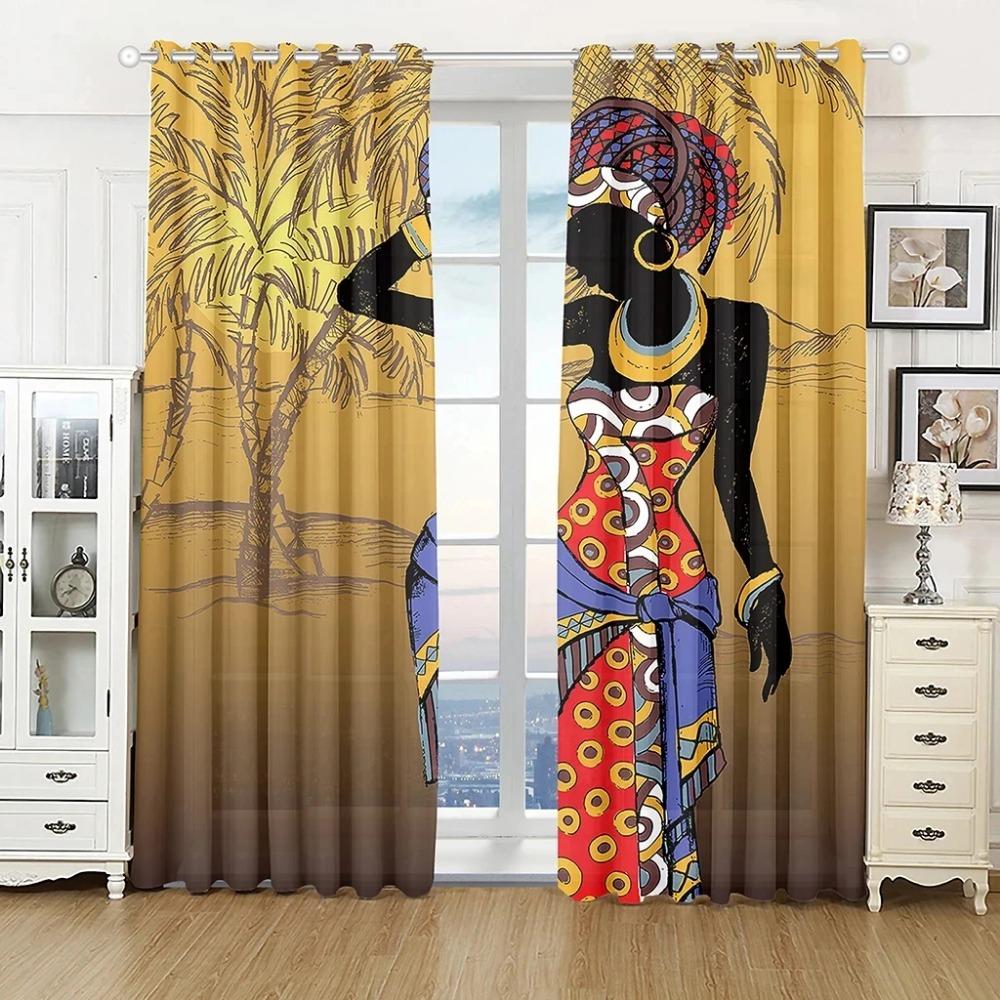 2 Pieces Ancient Ethnic African Woman Window Curtains Living Room Bedroom Kitchen Curtain Drapes Abstract Art Window Treatment