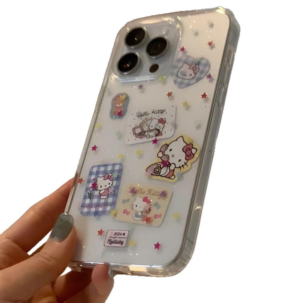 Hello Kitty Glitter Star Transparent Phone Case for Apple Models (iPhone 16/15/14/12/11/8/7 Plus/XS/XR/Pro Max) - Soft and Stylish