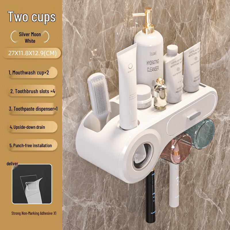 No-Drill Wall-Mounted Toothbrush and Cup Holder 2-Person