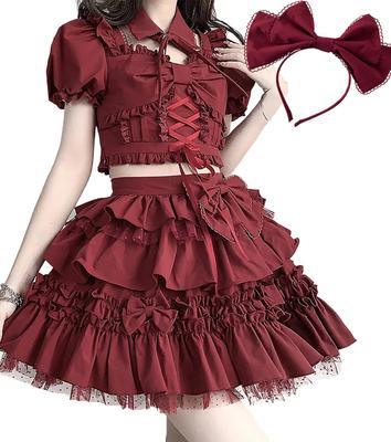 [SUNNYSTEP] Frilled Mini Dress, Sexy Gothic Lolita Short Sleeve Cosplay Costume for Stage & Photoshoot (L, Red)