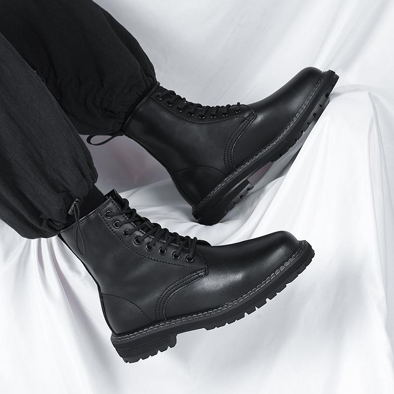 

[Customized] New Martin boots men s Korean version high-top men s boots velvet British style leather medium-top boots 6028-T 38 чёрный