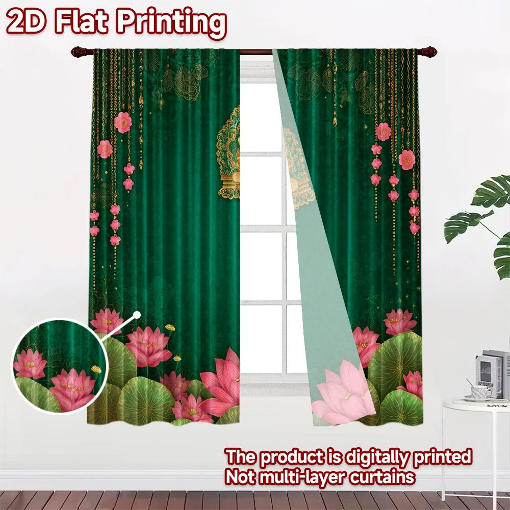 2D Flat Printing 2pcs Curtain Party Curtain Diwali Ganesh Lotus Decoration Digital Printed Polyester Drapes All Season Party &