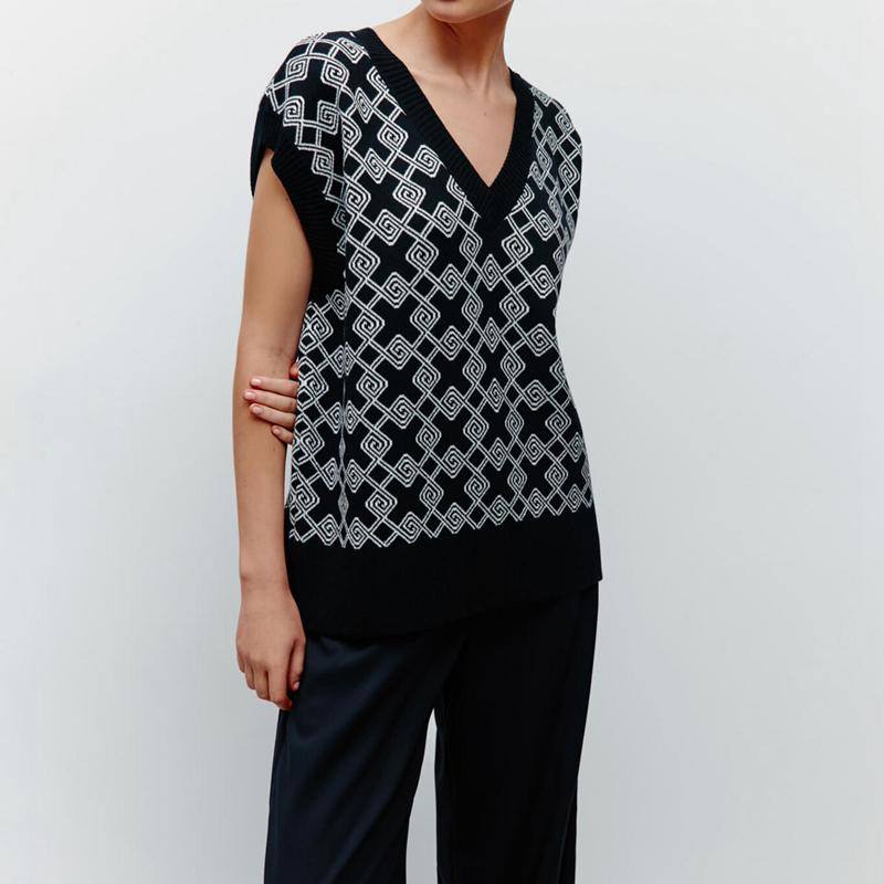 

Женский весенне-осенний свободный вязаный жилет без рукавов с V-образным вырезом и шикарным свитером с принтом S чёрный