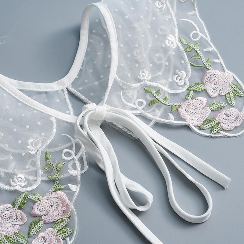 False Collar Dickey Collar Pink Rose Embroidery Collar Venise Lace Up Neckline Easy To Wear Detachable Collar Women