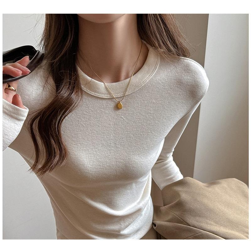Women's Autumn And Winter Solid Color T Shirt With Brushed Long Sleeved Base Underneath