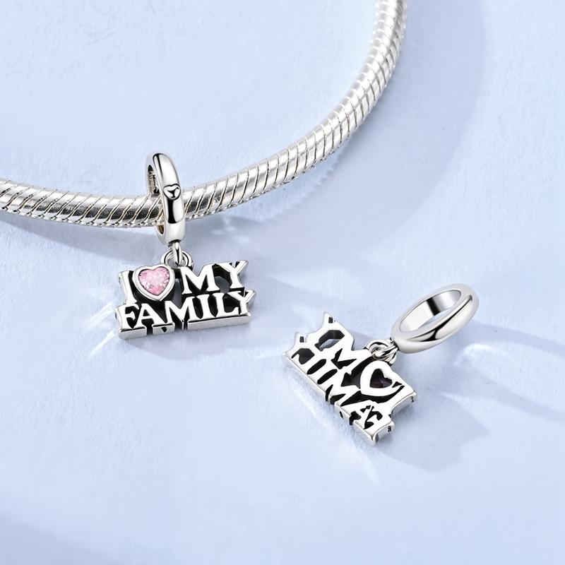 925 Silver Charms Bead CZ Zircon Love Mom Pink Heart Dangle Fit DIY Bracelet Women Mother's Day Jewelry Gift