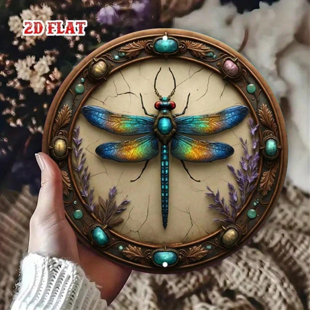 Vintage Dragonfly Metal Sign Round Aluminum Wall Art Rustic Farmhouse Garage Cafe Wildlife Decor