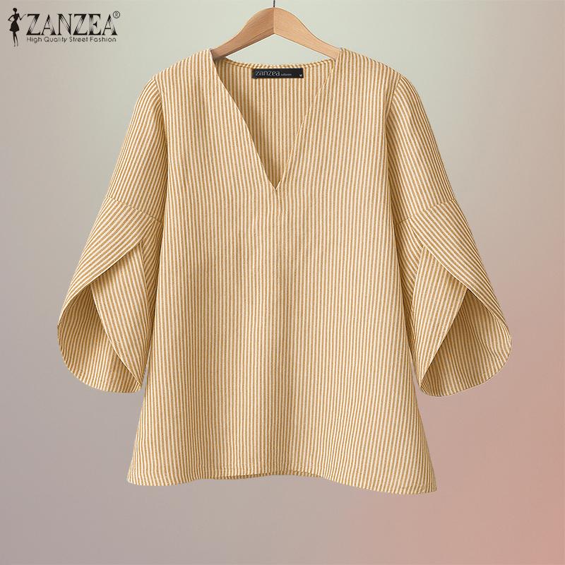 ZANZEA Women Casual V-Neck 3/4 Sleeve Loose Stripe Blouse