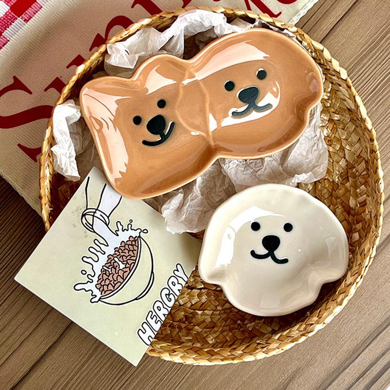 Adorable Ceramic Sauce Dish With Cute Dog & Bear Design - Single/Double Compartment Dip Bowl For Condiments, Snacks, Sushi, Soy