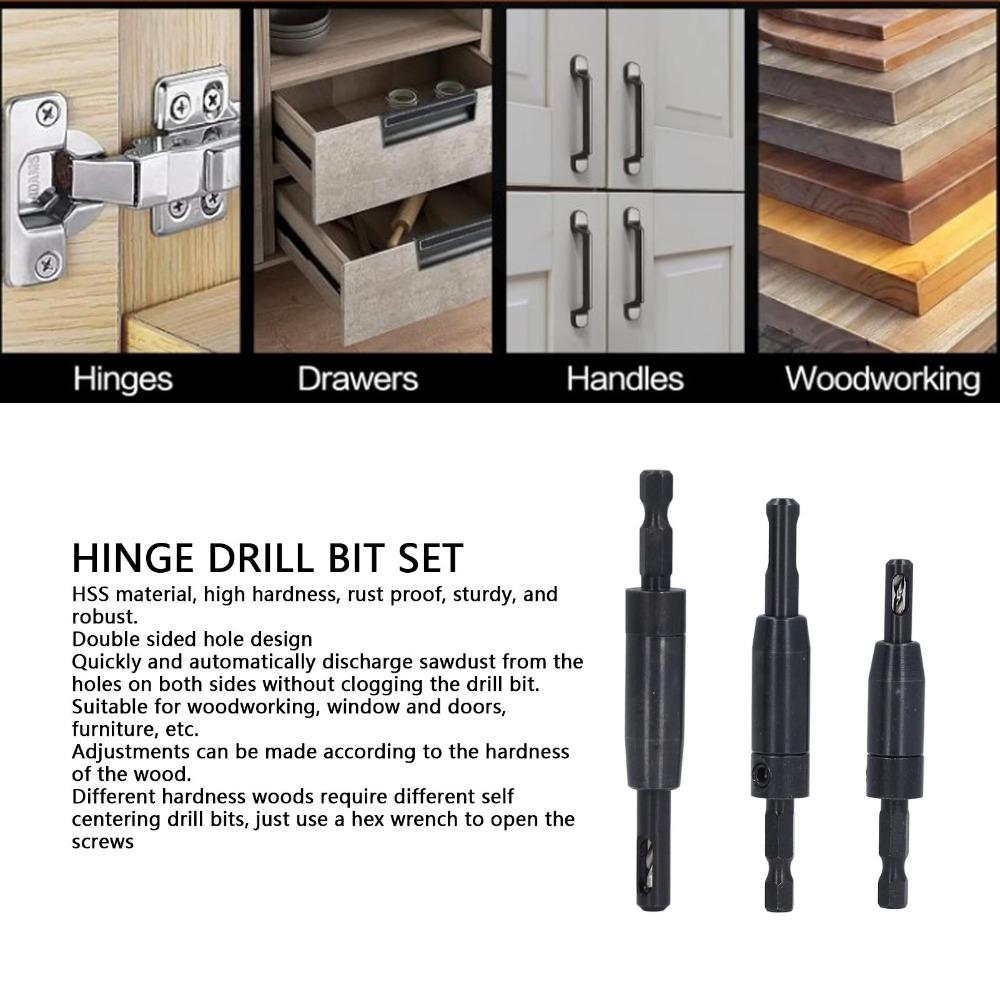 3 PCS Hex Shank Self Centering Drill Bit Set  Cabinet and Door Hinge Installation
