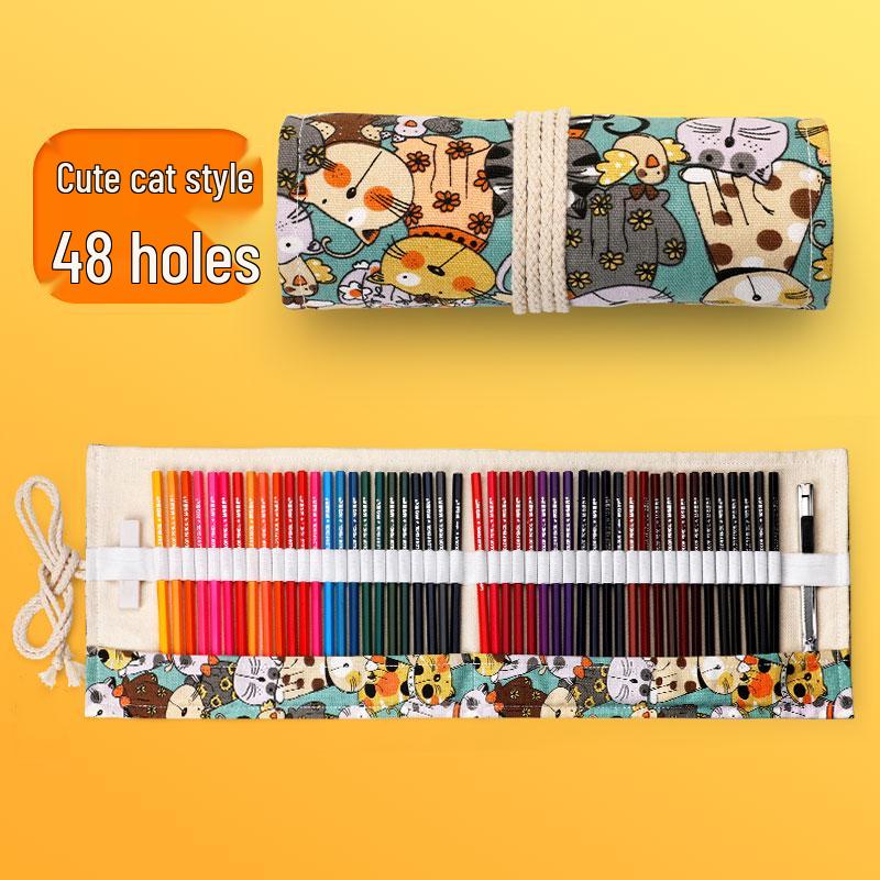 Large Capacity Canvas Roll-Up Pencil Case - 48 Holes for Colored & Sketch Pencils, Cute Design for Women & Students