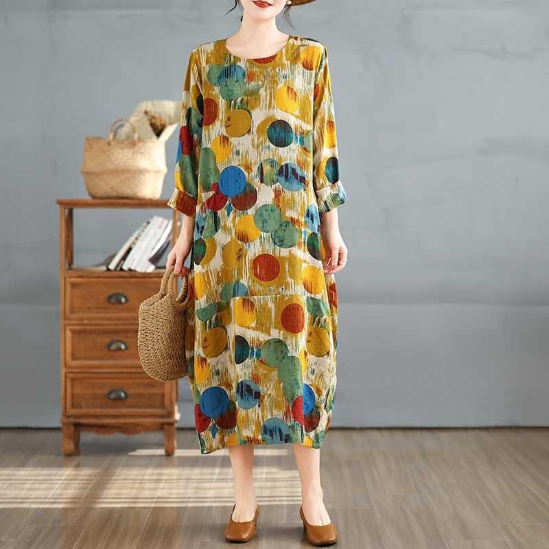 New Vintage Printed Round Neck Long Sleeve Plus Size Long Dresses